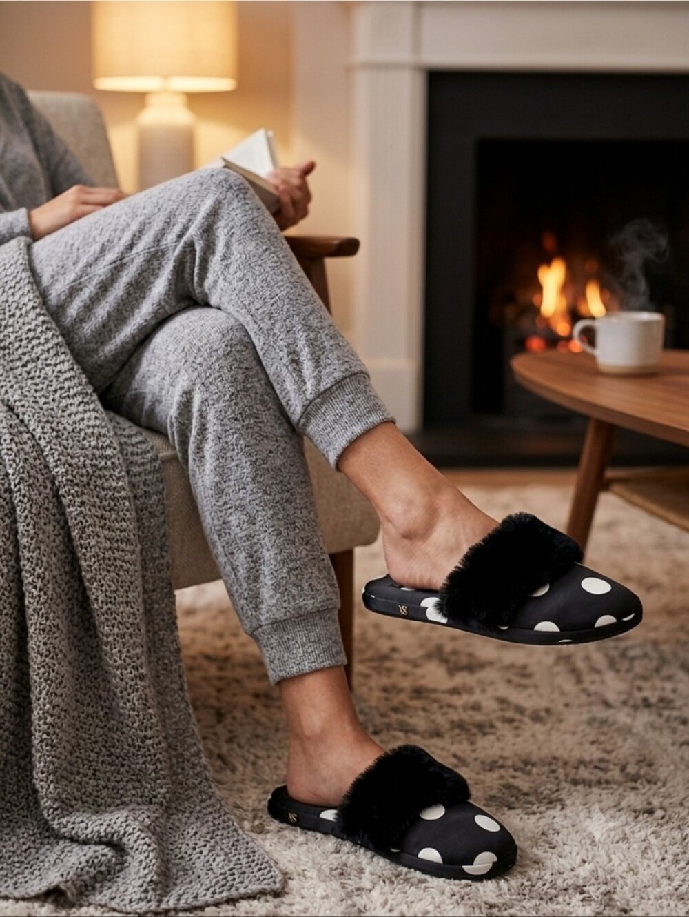 Victoria's Secret Black and White Polka Dot Faux-Fur Slide Slippers